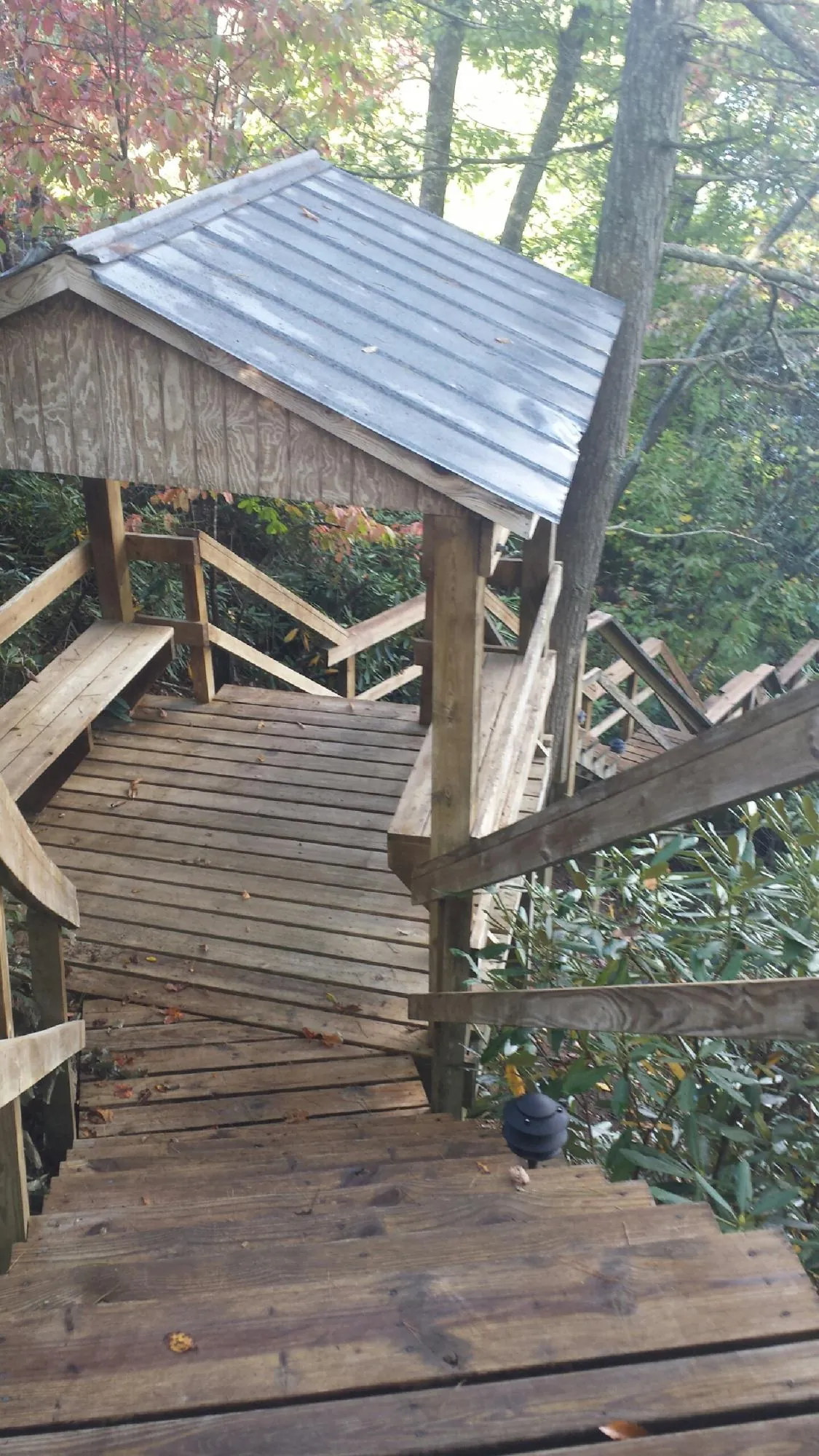Metal roofed shelter over wooden steps on a wooded walkway — Skylight Repair & Installation work by our crew in Poynette